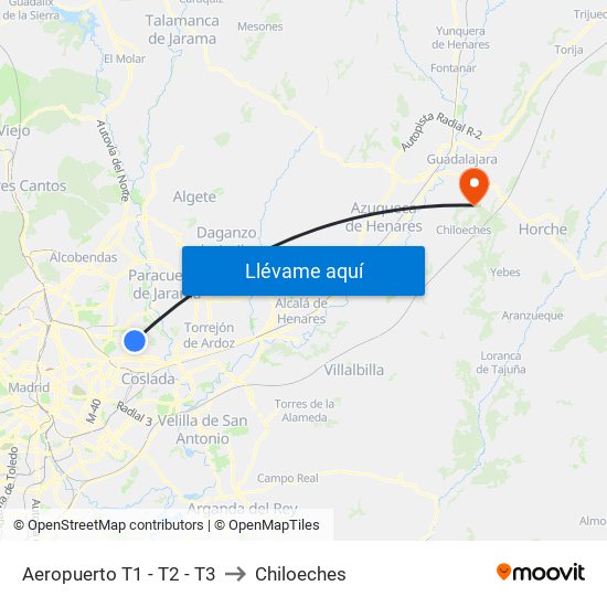 Aeropuerto T1 - T2 - T3 to Chiloeches map