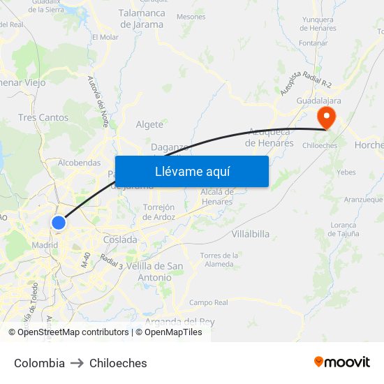 Colombia to Chiloeches map
