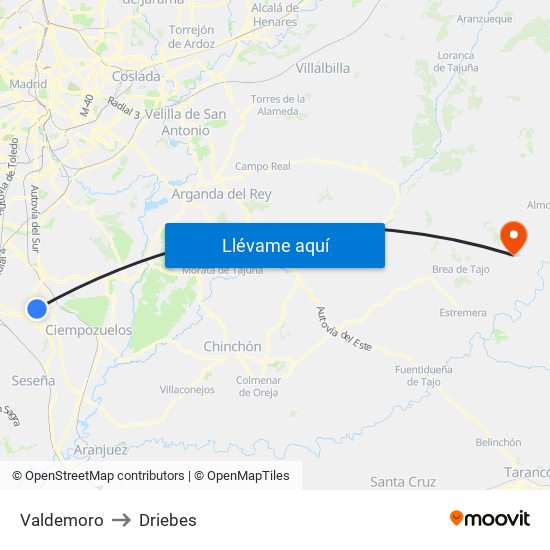 Valdemoro to Driebes map