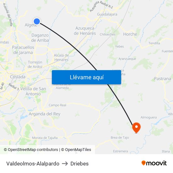 Valdeolmos-Alalpardo to Driebes map
