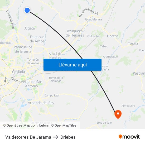 Valdetorres De Jarama to Driebes map