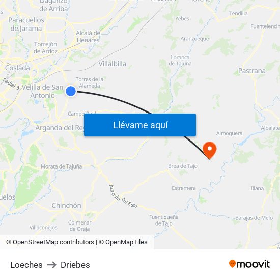 Loeches to Driebes map