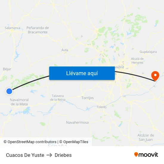 Cuacos De Yuste to Driebes map