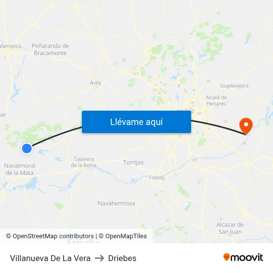 Villanueva De La Vera to Driebes map
