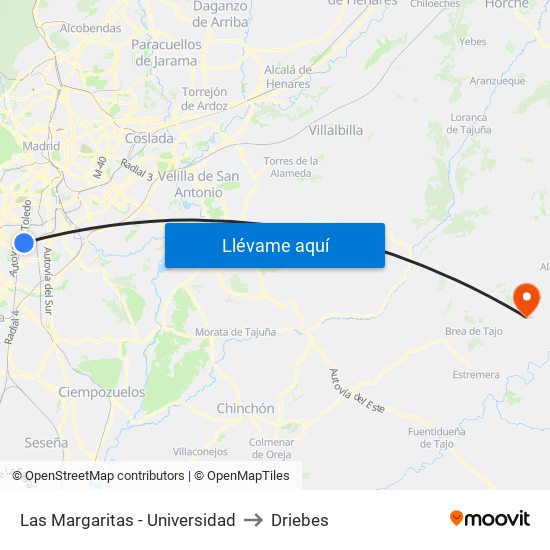 Las Margaritas - Universidad to Driebes map