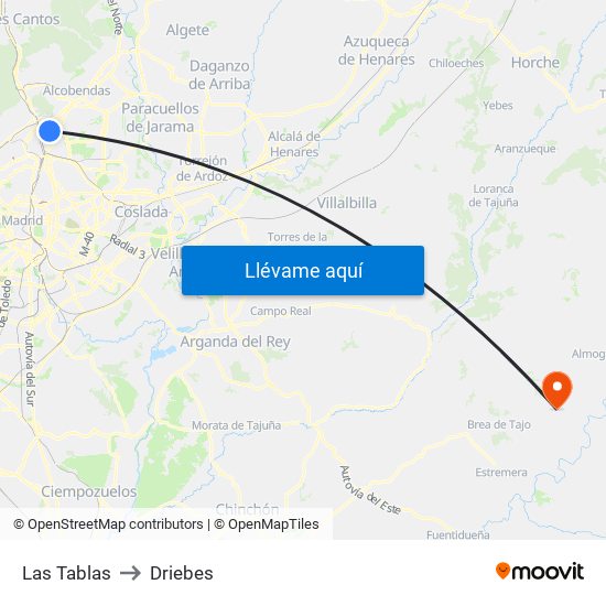 Las Tablas to Driebes map