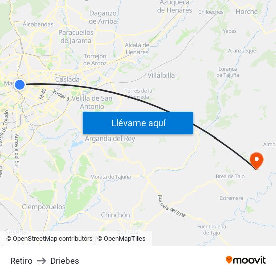 Retiro to Driebes map
