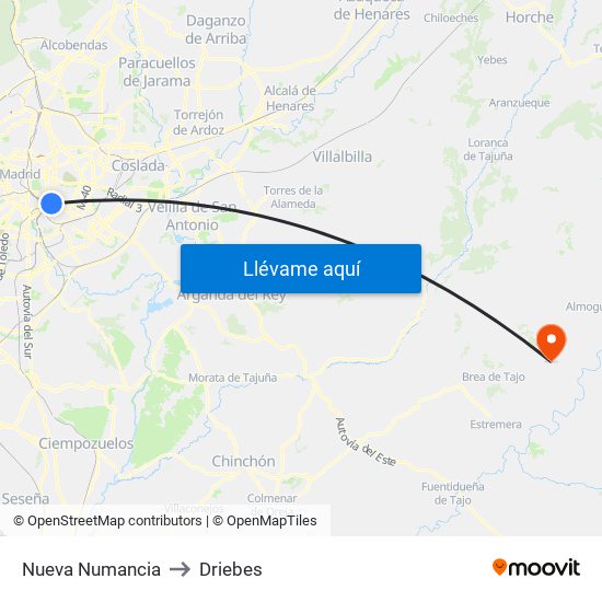 Nueva Numancia to Driebes map