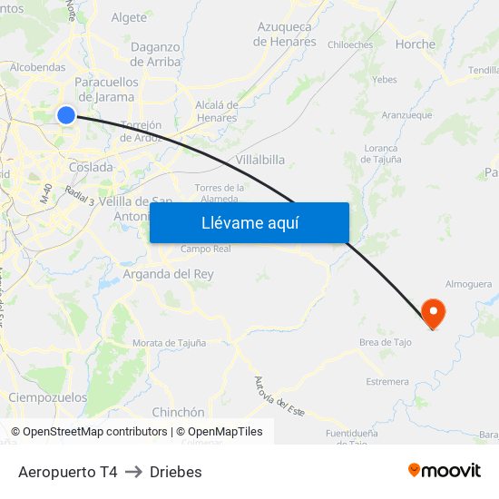 Aeropuerto T4 to Driebes map