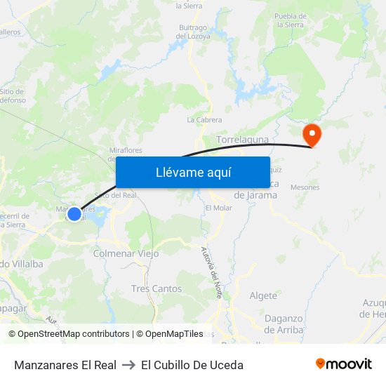 Manzanares El Real to El Cubillo De Uceda map