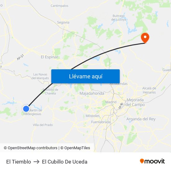 El Tiemblo to El Cubillo De Uceda map