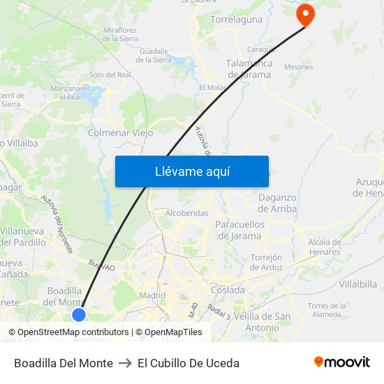 Boadilla Del Monte to El Cubillo De Uceda map