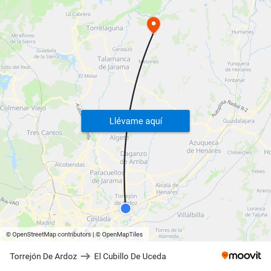 Torrejón De Ardoz to El Cubillo De Uceda map