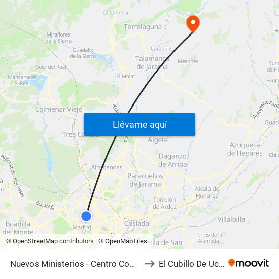 Nuevos Ministerios - Centro Comercial to El Cubillo De Uceda map
