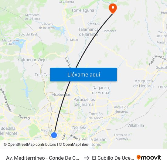 Av. Mediterráneo - Conde De Casal to El Cubillo De Uceda map