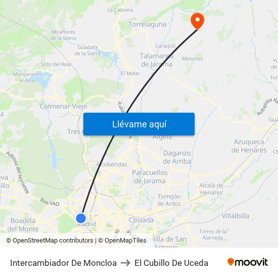 Intercambiador De Moncloa to El Cubillo De Uceda map