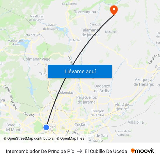 Intercambiador De Príncipe Pío to El Cubillo De Uceda map
