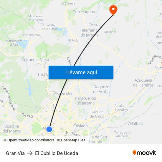 Gran Vía to El Cubillo De Uceda map