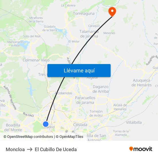 Moncloa to El Cubillo De Uceda map