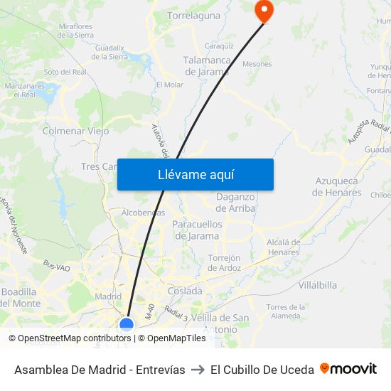 Asamblea De Madrid - Entrevías to El Cubillo De Uceda map