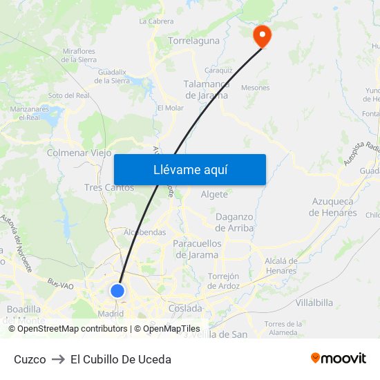 Cuzco to El Cubillo De Uceda map