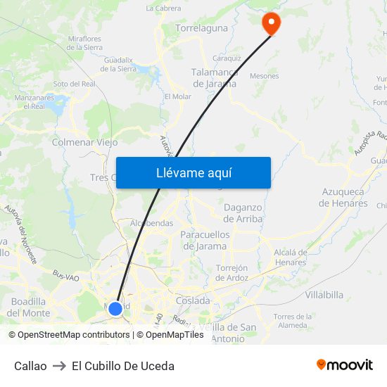 Callao to El Cubillo De Uceda map