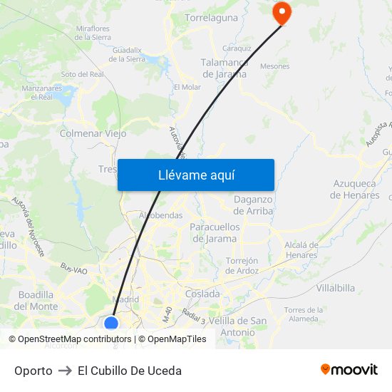 Oporto to El Cubillo De Uceda map