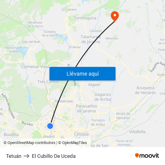 Tetuán to El Cubillo De Uceda map