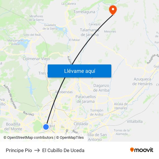 Príncipe Pío to El Cubillo De Uceda map