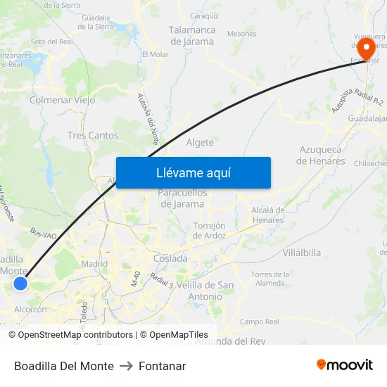 Boadilla Del Monte to Fontanar map