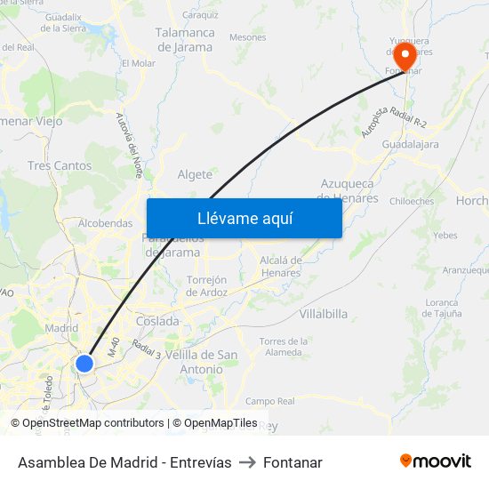 Asamblea De Madrid - Entrevías to Fontanar map