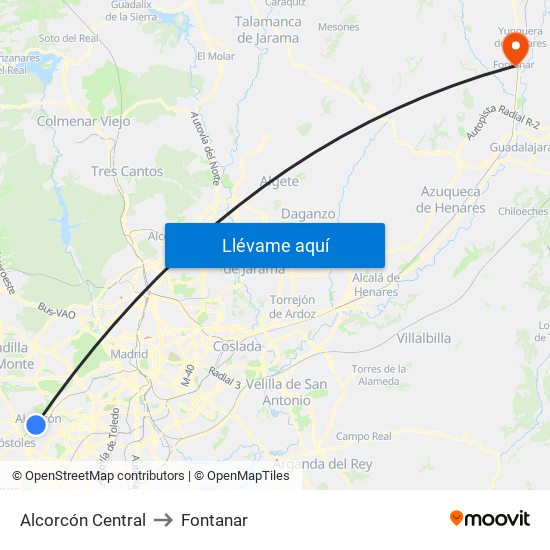 Alcorcón Central to Fontanar map