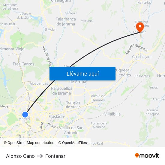 Alonso Cano to Fontanar map