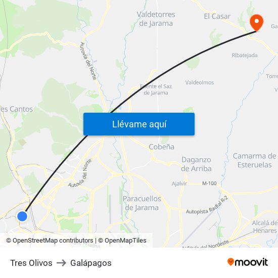 Tres Olivos to Galápagos map