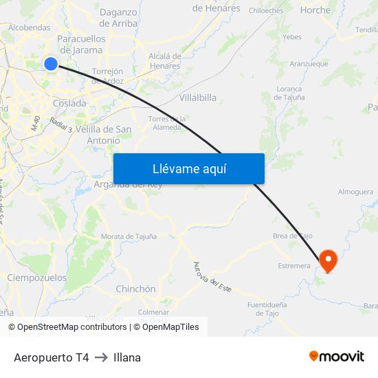 Aeropuerto T4 to Illana map