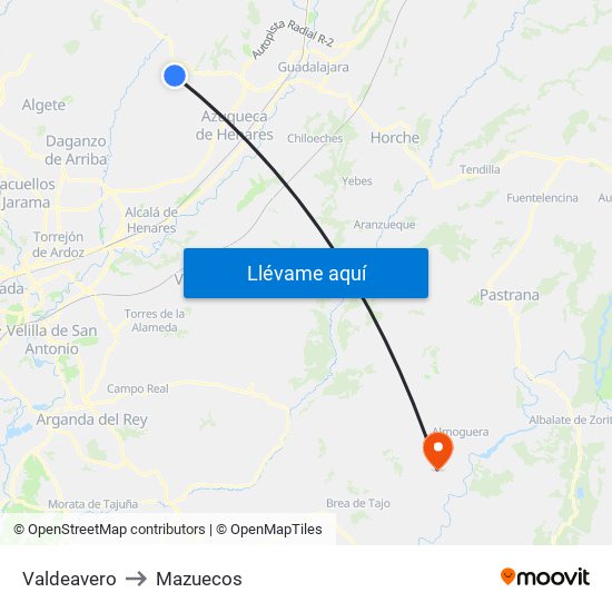 Valdeavero to Mazuecos map