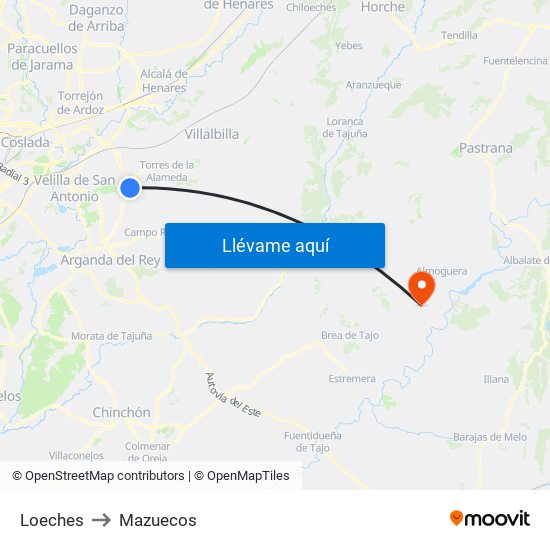 Loeches to Mazuecos map