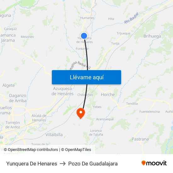 Yunquera De Henares to Pozo De Guadalajara map