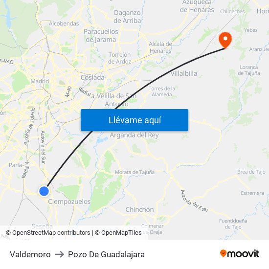 Valdemoro to Pozo De Guadalajara map
