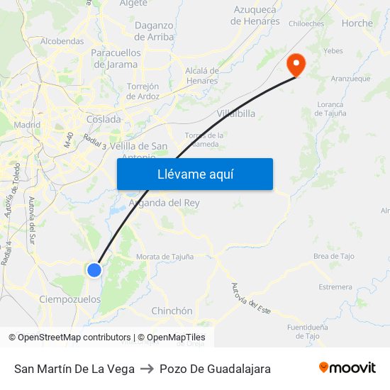 San Martín De La Vega to Pozo De Guadalajara map