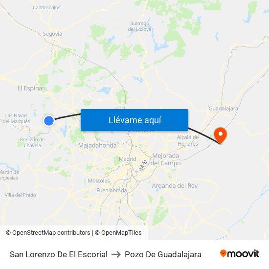 San Lorenzo De El Escorial to Pozo De Guadalajara map