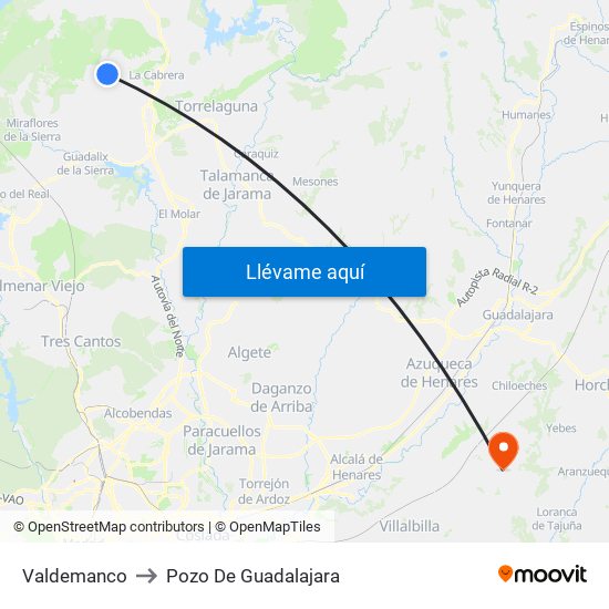 Valdemanco to Pozo De Guadalajara map