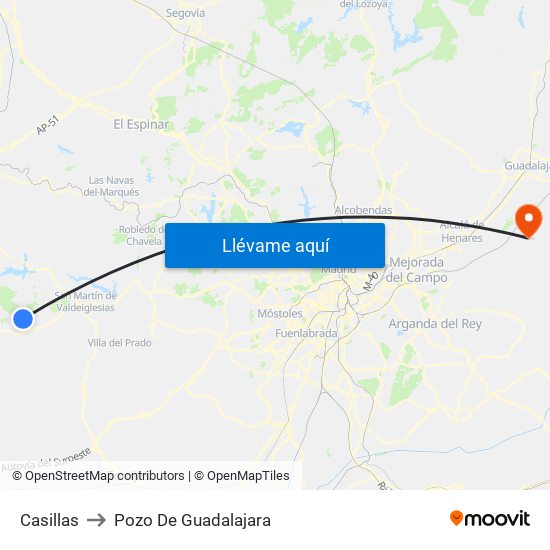 Casillas to Pozo De Guadalajara map