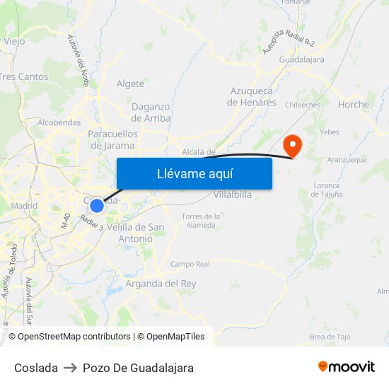 Coslada to Pozo De Guadalajara map