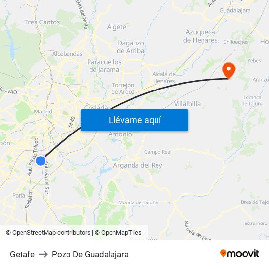 Getafe to Pozo De Guadalajara map