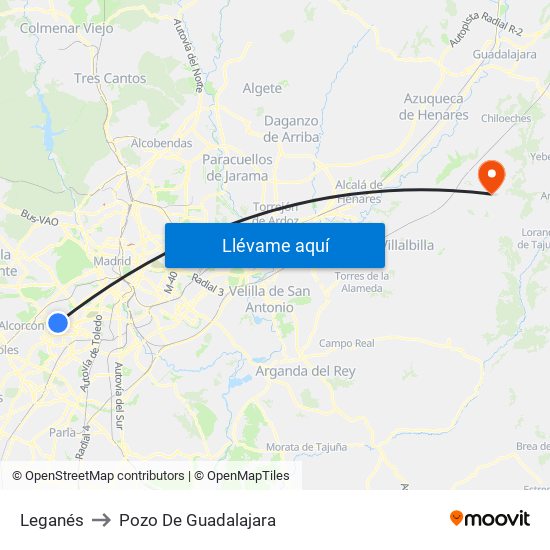 Leganés to Pozo De Guadalajara map