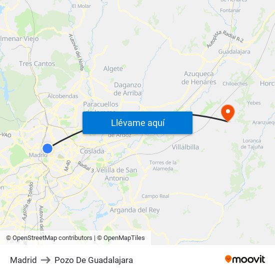 Madrid to Pozo De Guadalajara map
