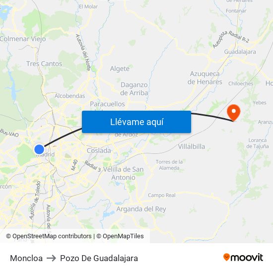 Moncloa to Pozo De Guadalajara map