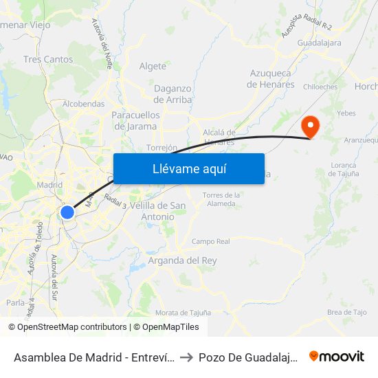 Asamblea De Madrid - Entrevías to Pozo De Guadalajara map