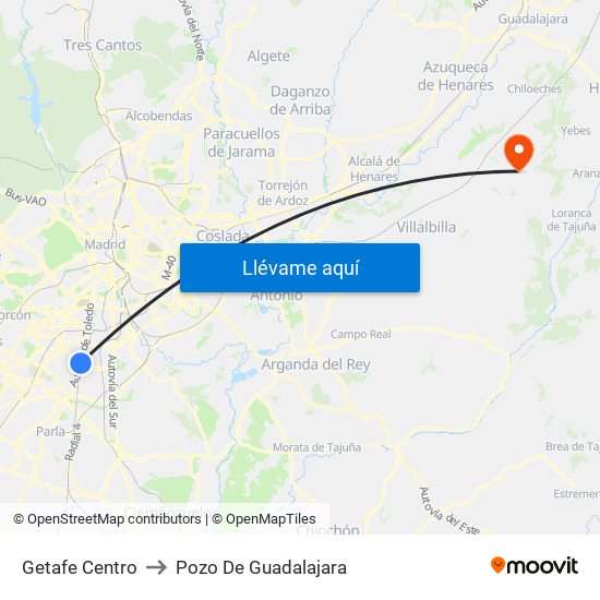 Getafe Centro to Pozo De Guadalajara map